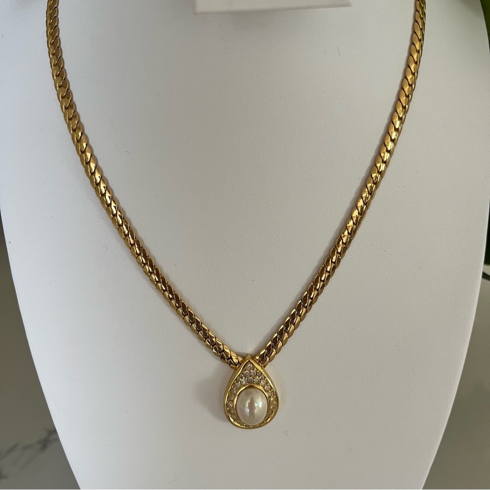 Christian Dior Necklace Gold Plate Pearl Oval Crystals Teardrop Designer Vintage - Picture 5 of 17